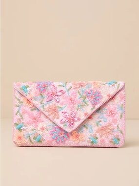 Lulu's Beautiful Aspirations Pink Floral Sequin Beaded Clutch Bag